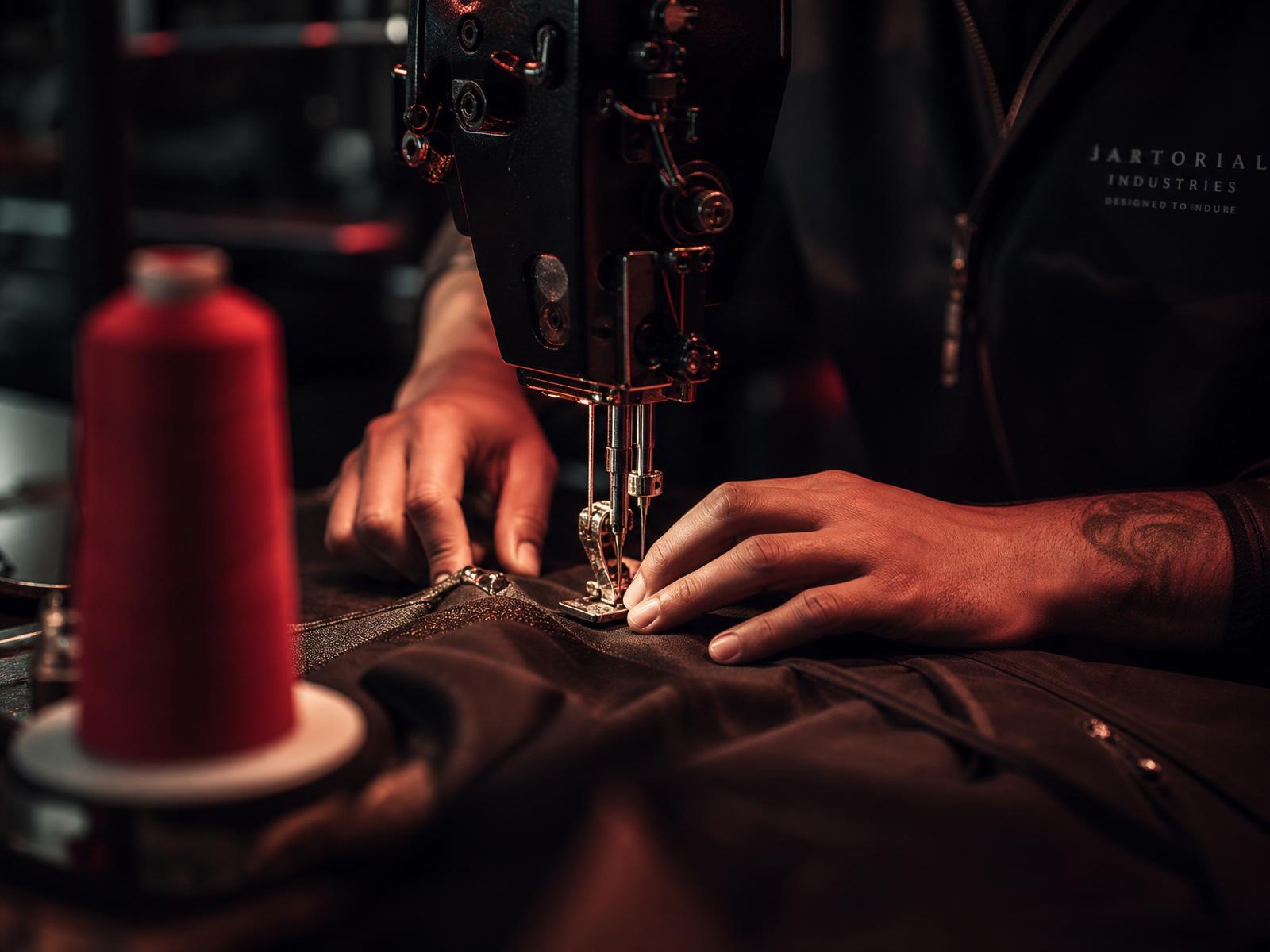 Craftsperson stitching fabric on industrial machine