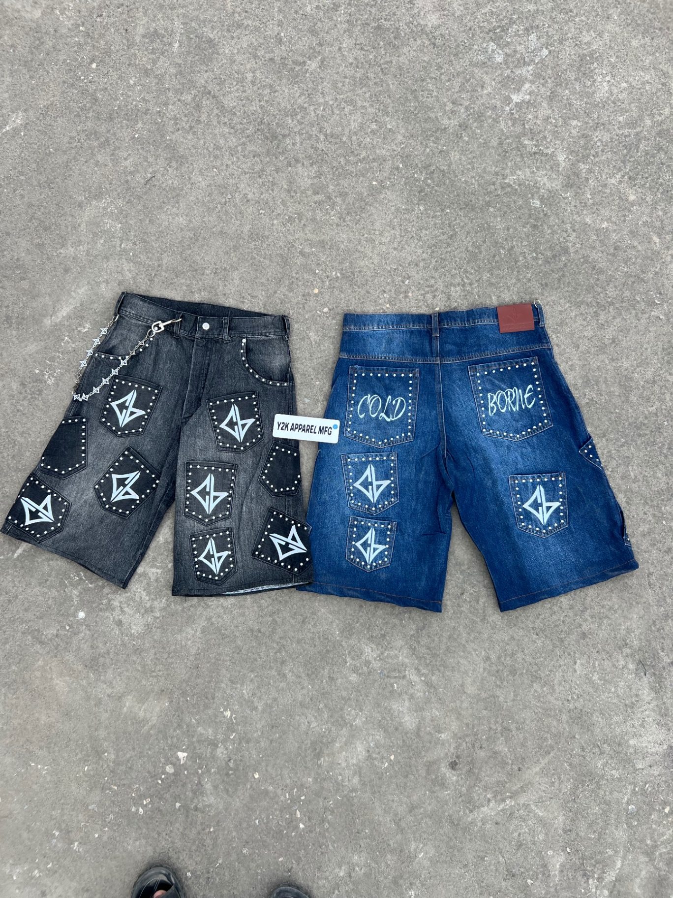 Y2K cut and sew denim jorts with star appliqué pockets